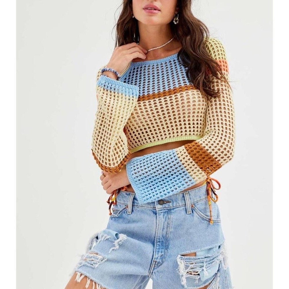 Urban Outfitters Chloe Cropped Open-knit Sweater Multi Blue XS Crochet Top‎